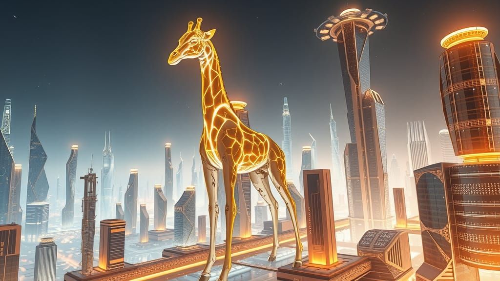 Cyberpunk Lighthouse Giraffe Radiates Divinity in Futuristic...