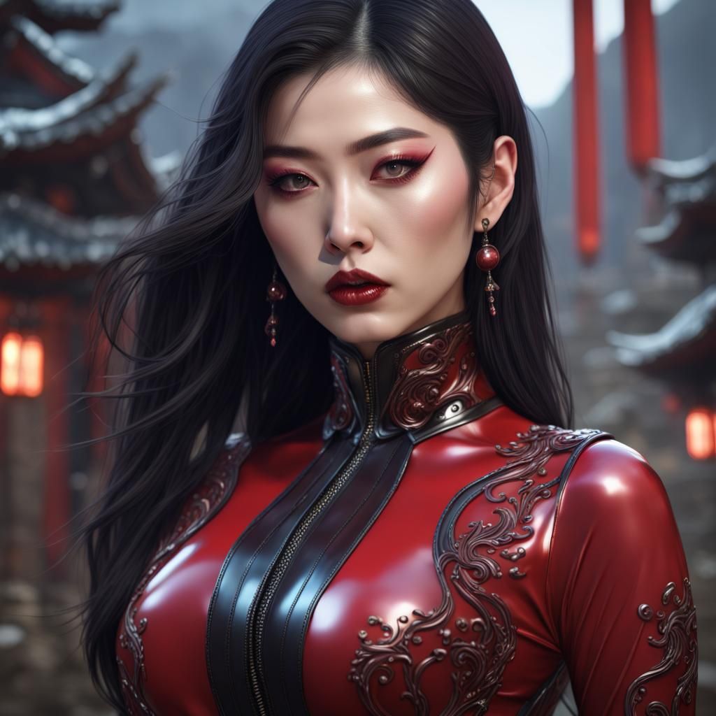 Korean Mistress in Latex Catsuit: Detailed Digital Art