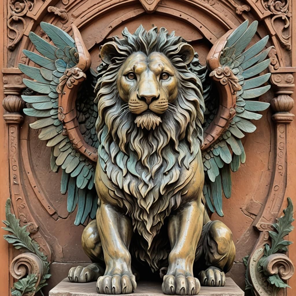 Winged Lion Terracotta Statue in Art Nouveau Style