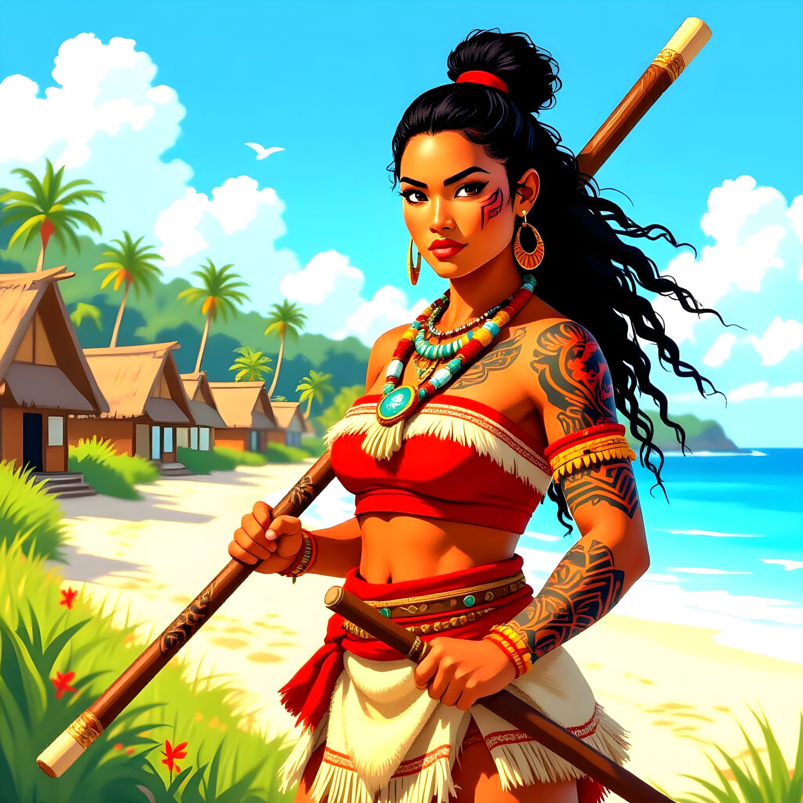 Maori Warrior Woman with Bo Staff