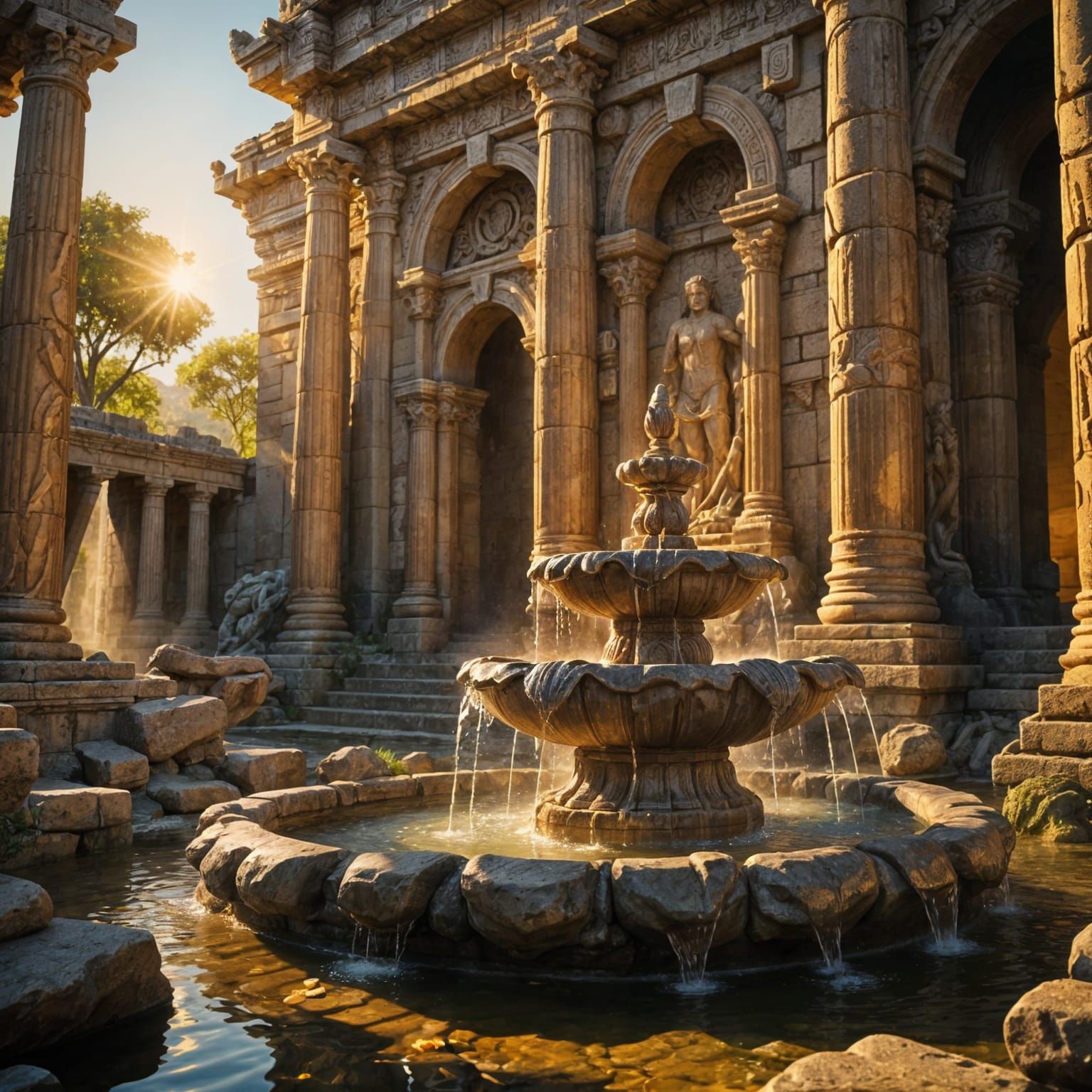 Ancient Temple Fountain in Golden Hour Light