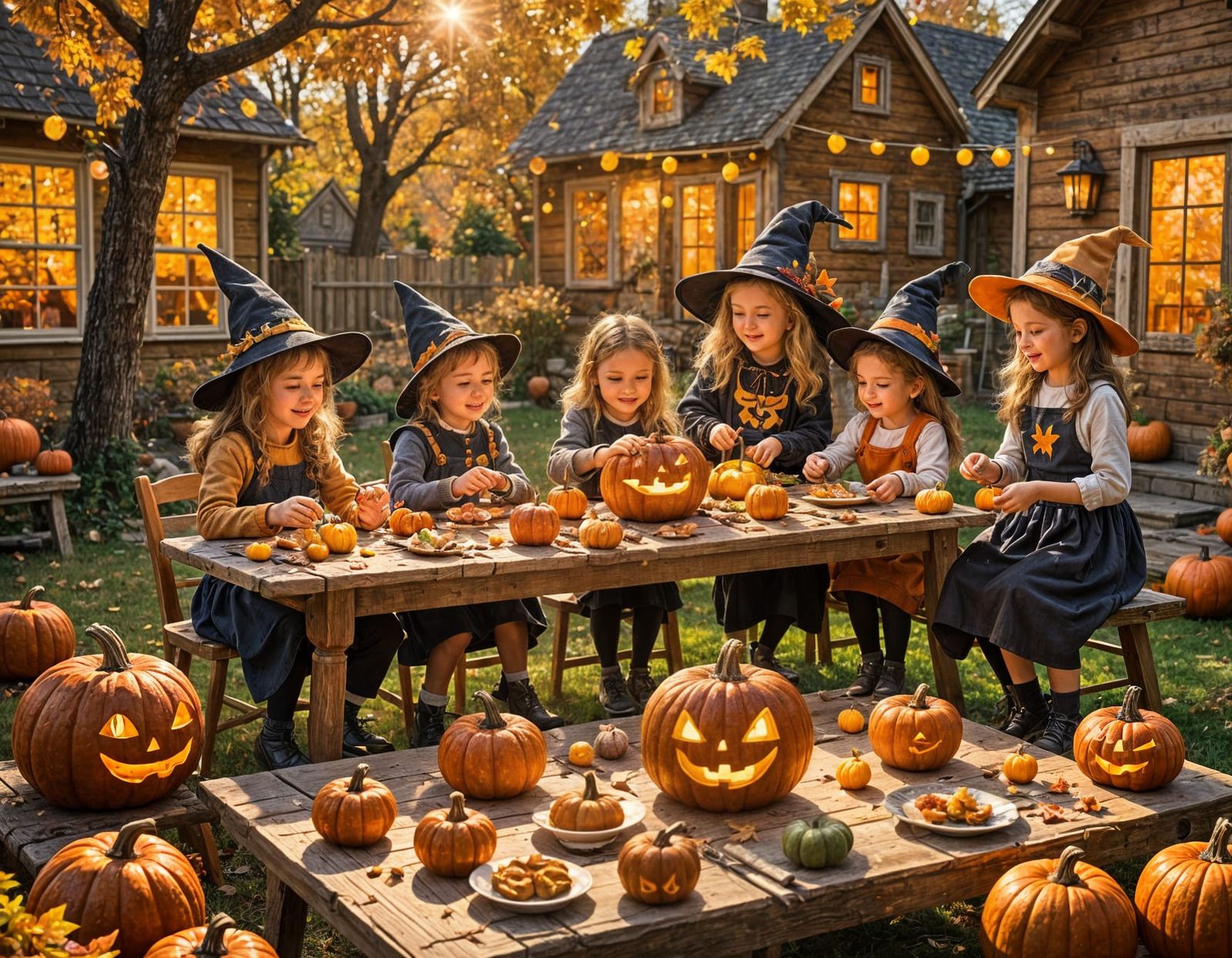 Cozy Autumn Scene: Children Carving Pumpkins