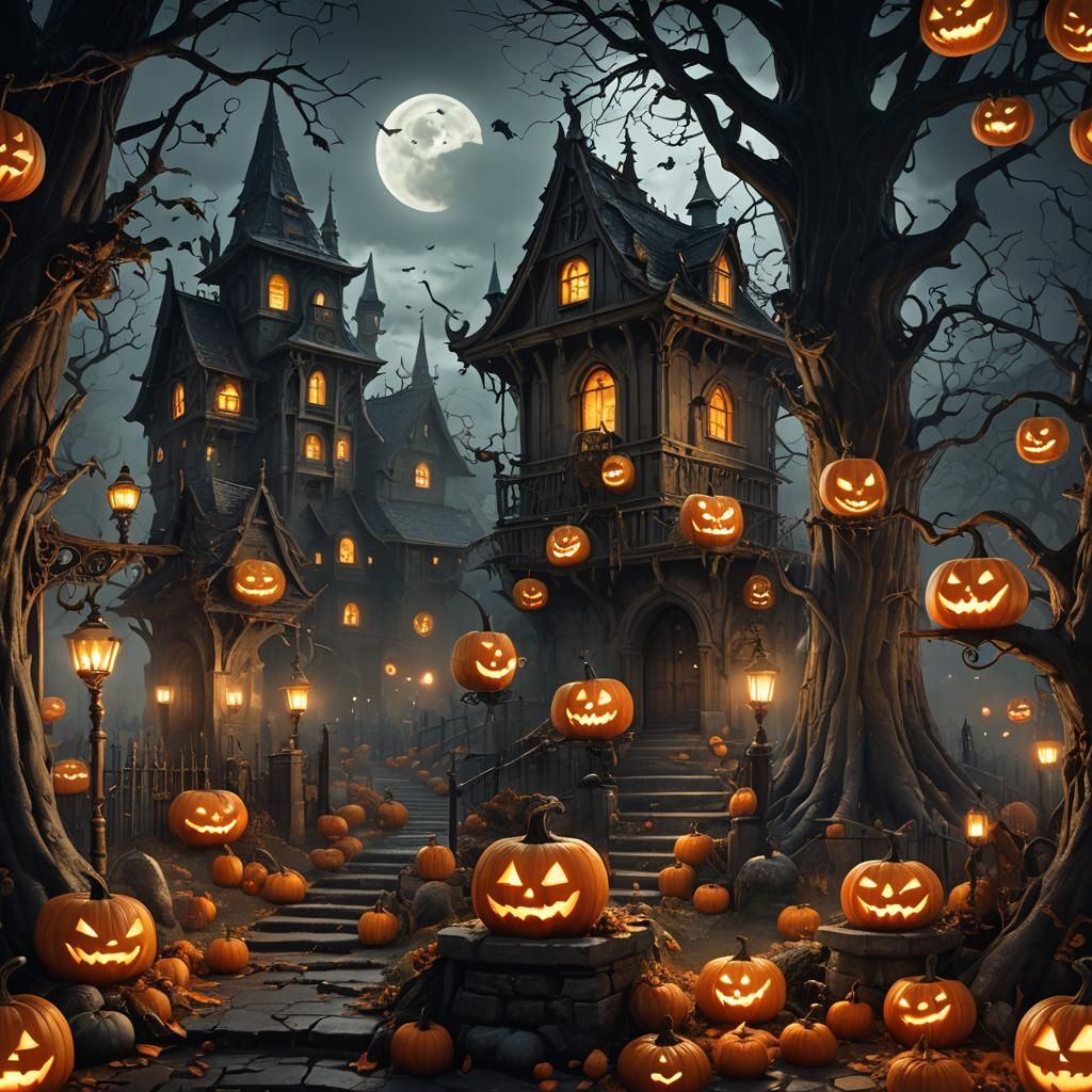 Halloween Parade with Spooky Monsters, Dark Fantasy Art