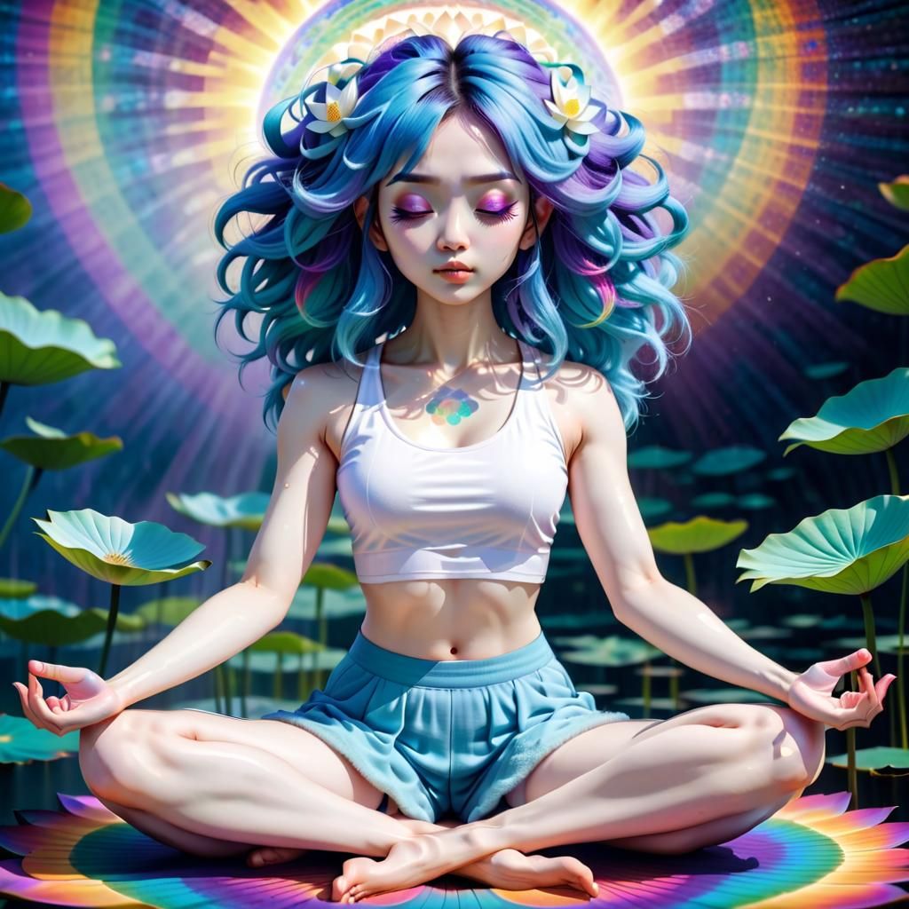 Meditating Asian Girl with Rainbow Psychedelic Patterns