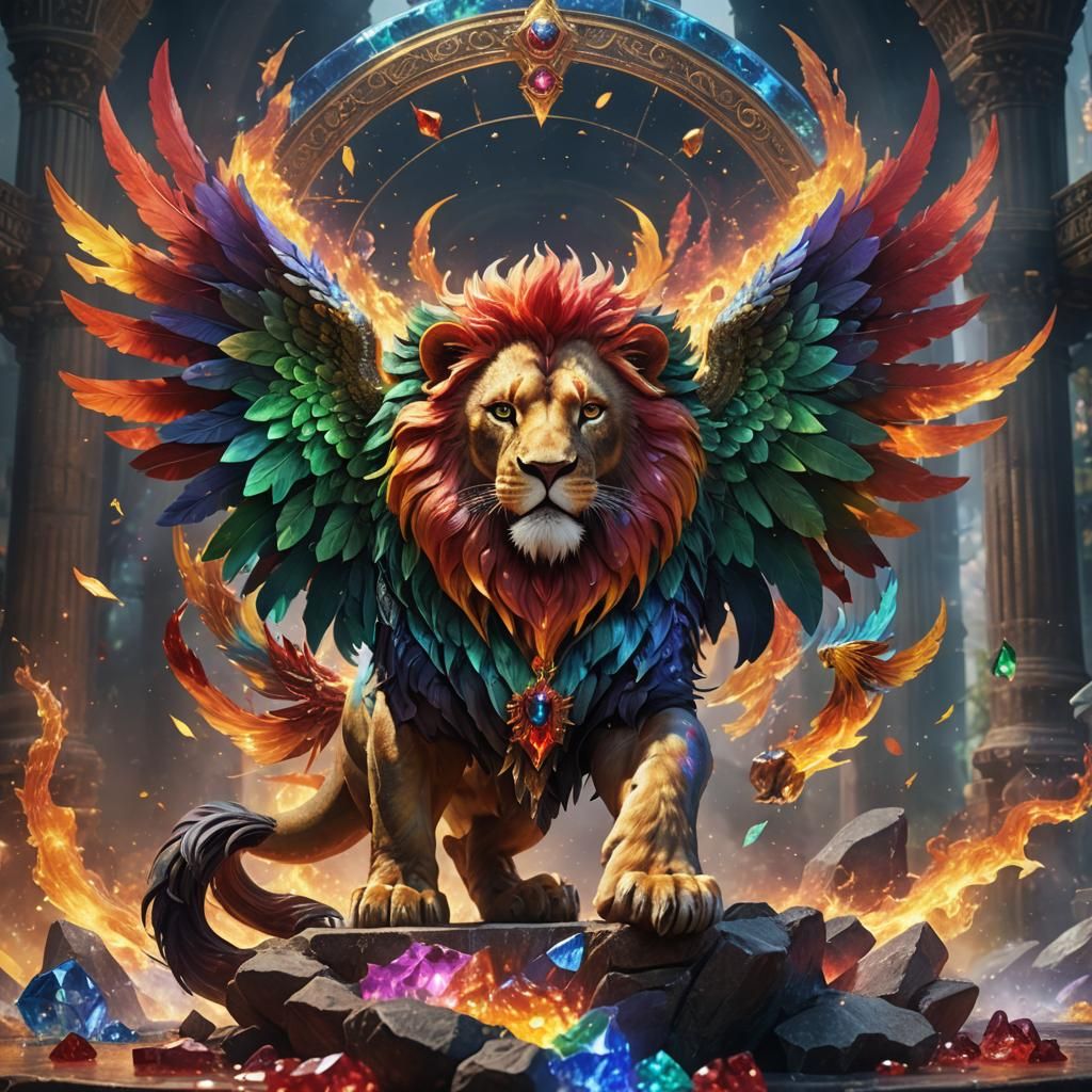 Rainbow Lion with Wings and Crystal Wheels