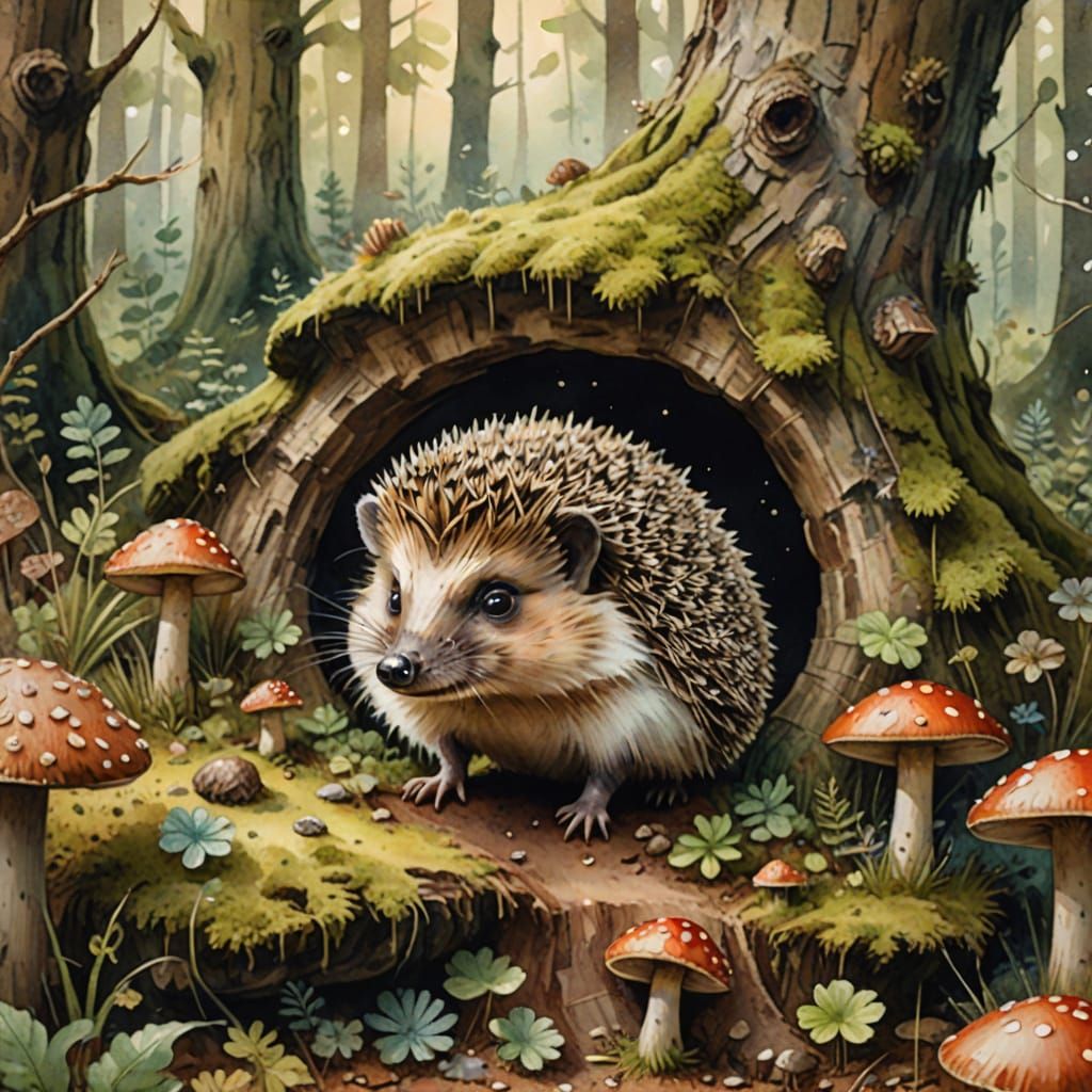 Whimsical Watercolor Fantasy: Hedgehog in Forest Toadstool
