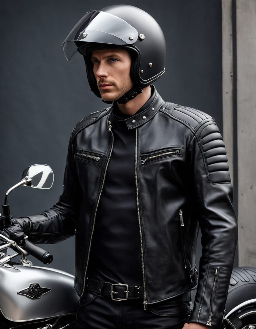 Biker Portrait in Black Leather Jacket and Helmet