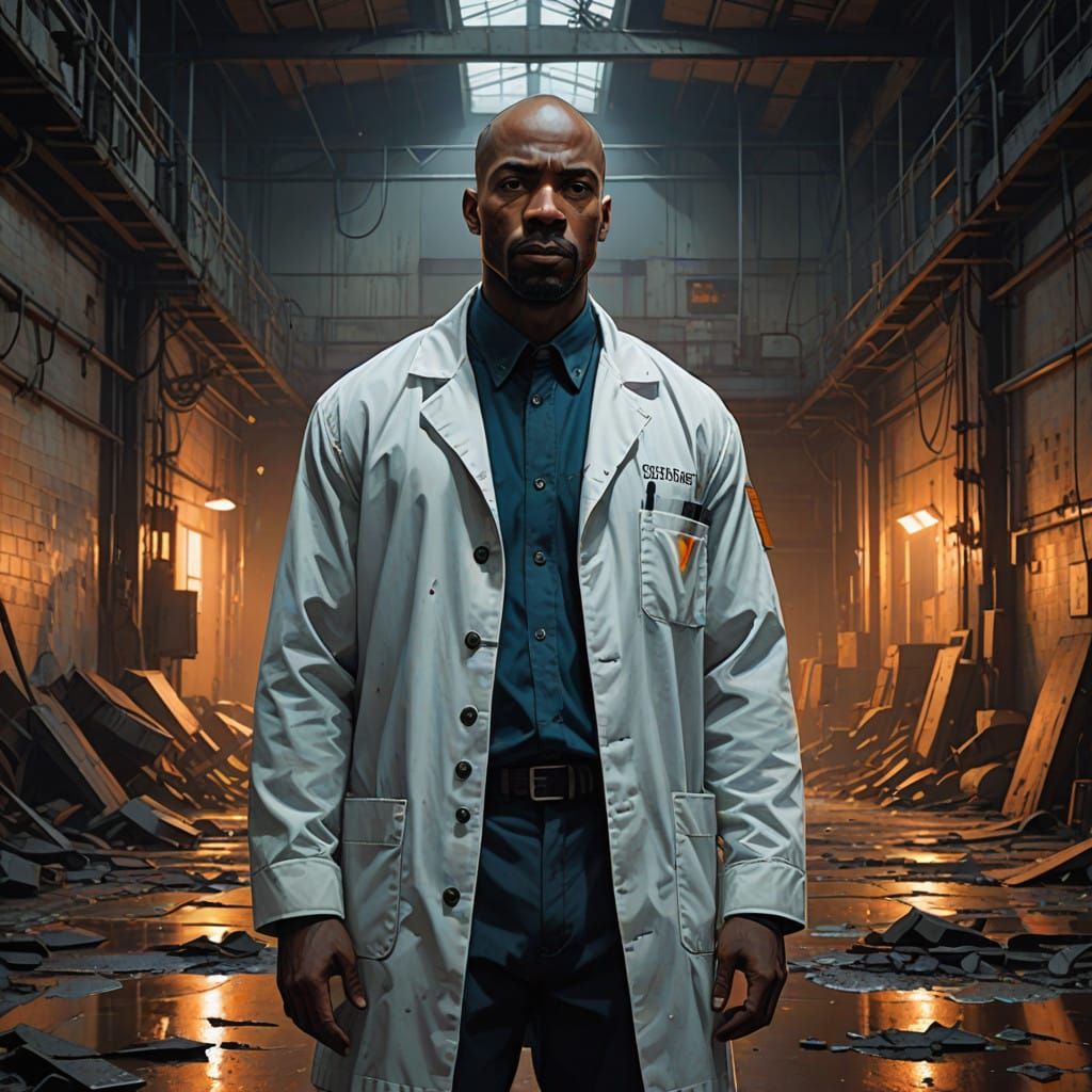 Gritty Futuristic Detective Stands at Crime Scene in Abandon...