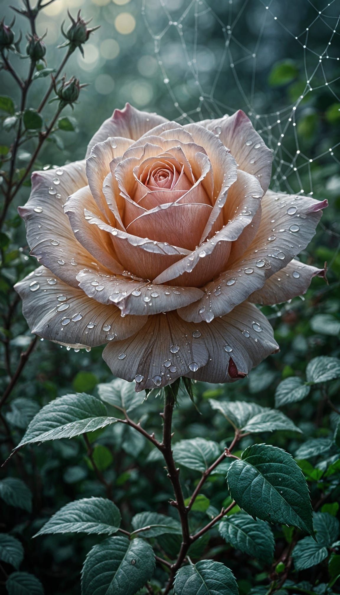 Luminous Cobweb Rose with Morning Dew