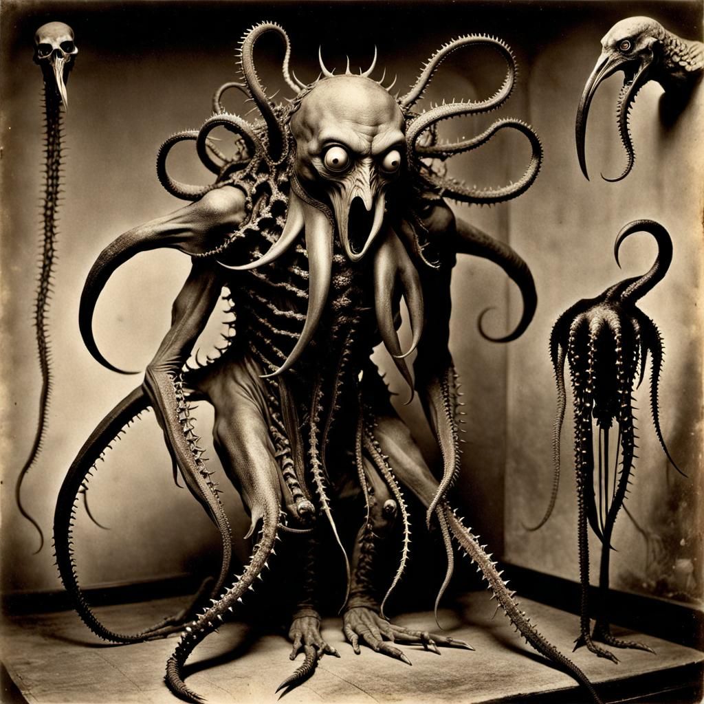 Chimeric Horror with Penguin in Sepia Photograph