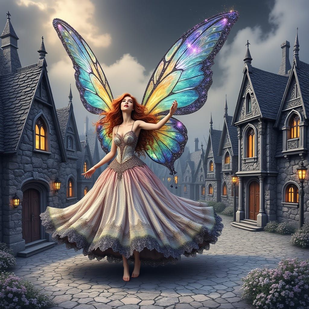 Dreamlike Fairy in Whimsical Fantasy Village