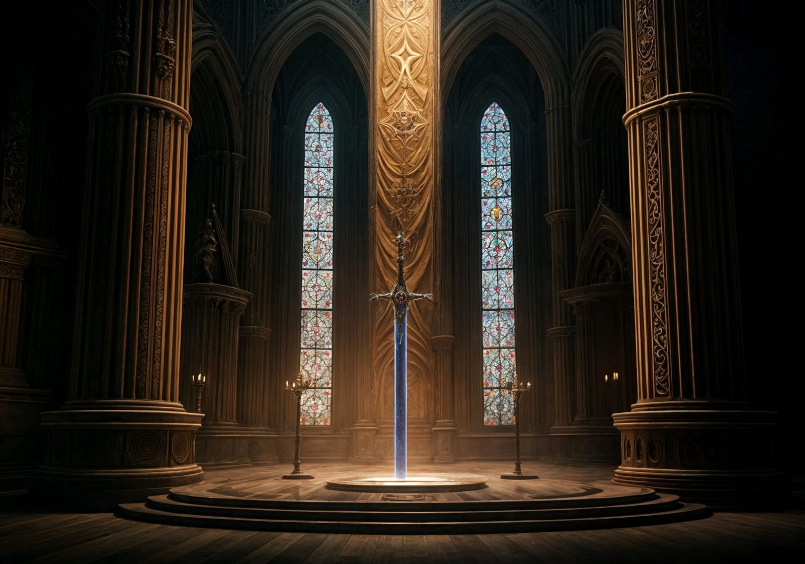 Epic Fantasy Concept Art of Elemental Swords in a Grand Hall