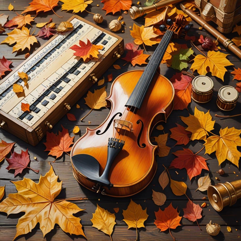 Autumn Musical Instruments Banner in Vibrant Oil Painting St...