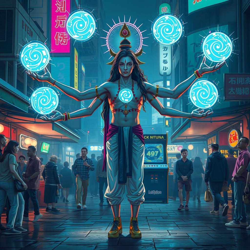 Cyberpunk Street Performer LuShiva Juggles Dark Matter Orbs
