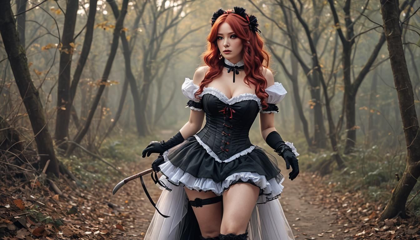 Provocative Maid Cosplay with Red Hair