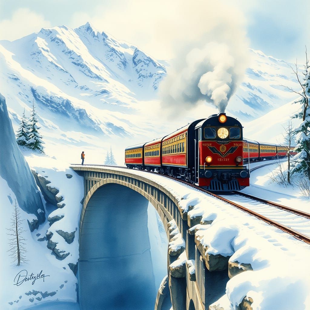 Orient Express Train Crossing Snowy Bridge in Winter Mountai...