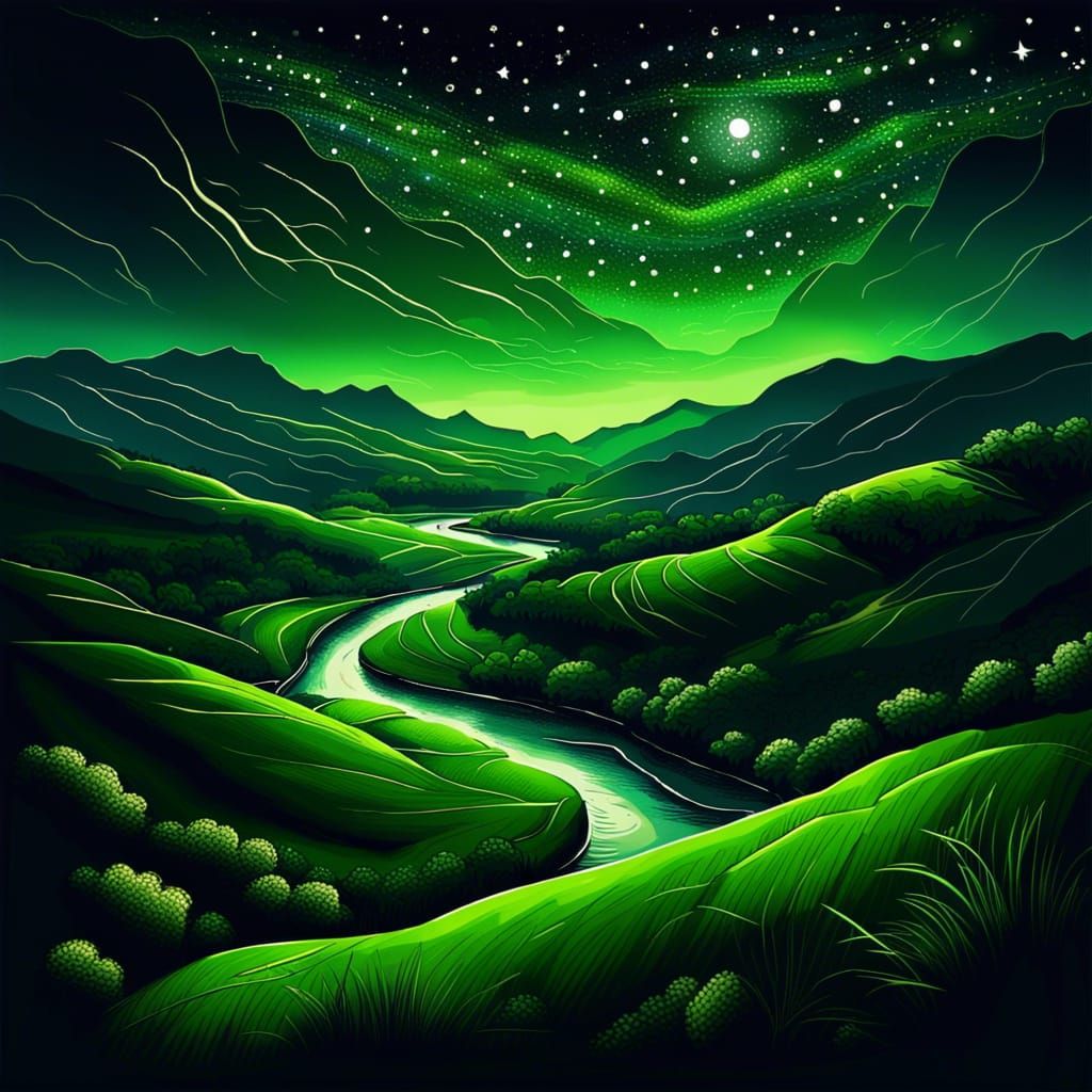 Lush Green Valley Under Starry Night Sky