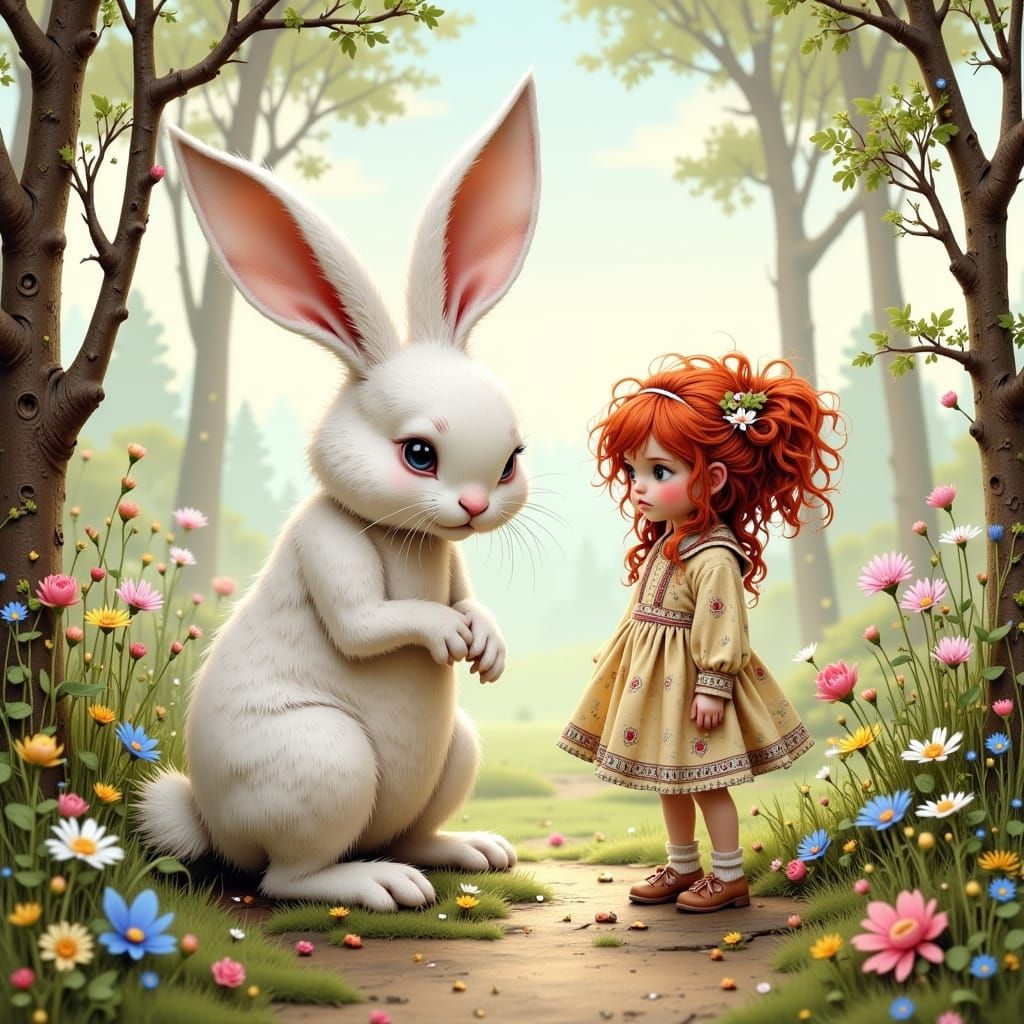 Whimsical Fantasy: Rabbit Chats with Girl in Potter Style