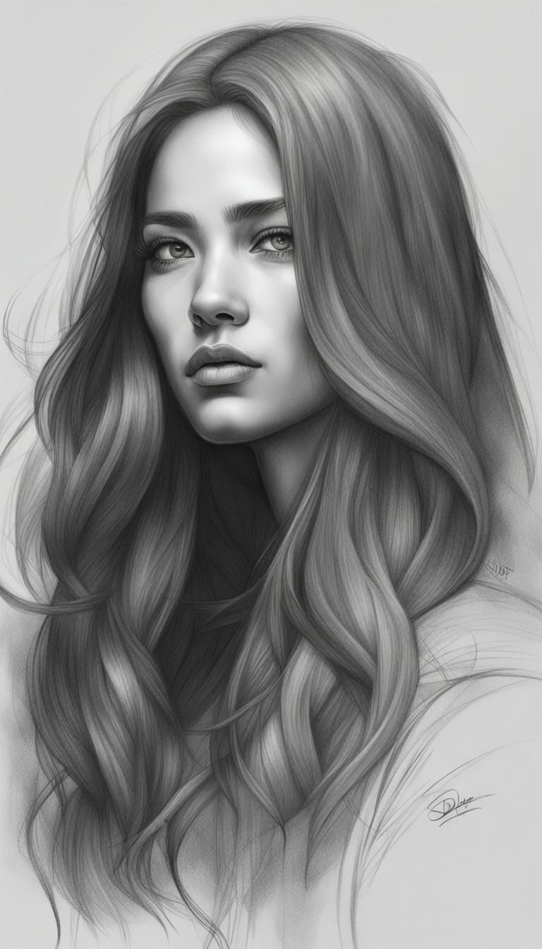 Detailed Pencil Sketch of Woman with Long Hair