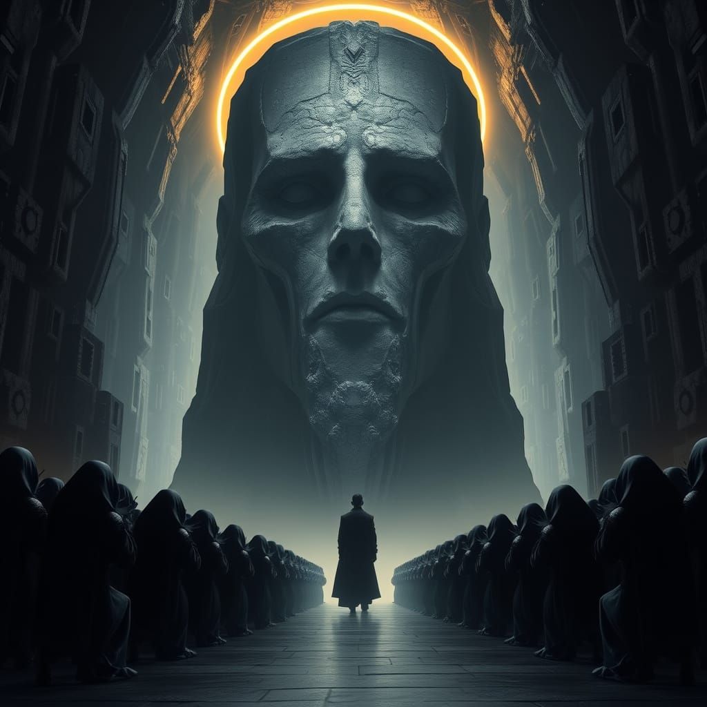 Colossal Stone Face in Dystopian Landscape