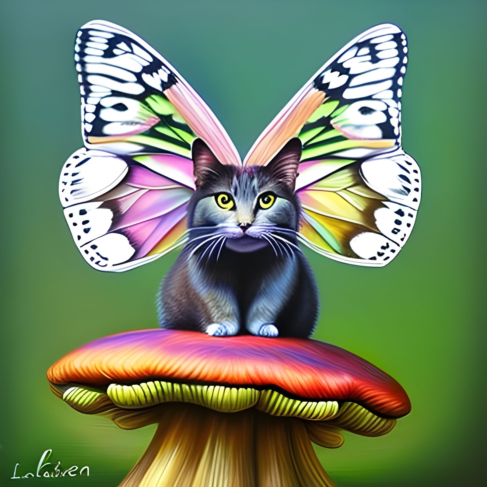 Detailed Cat with Butterfly Wings on Mushroom