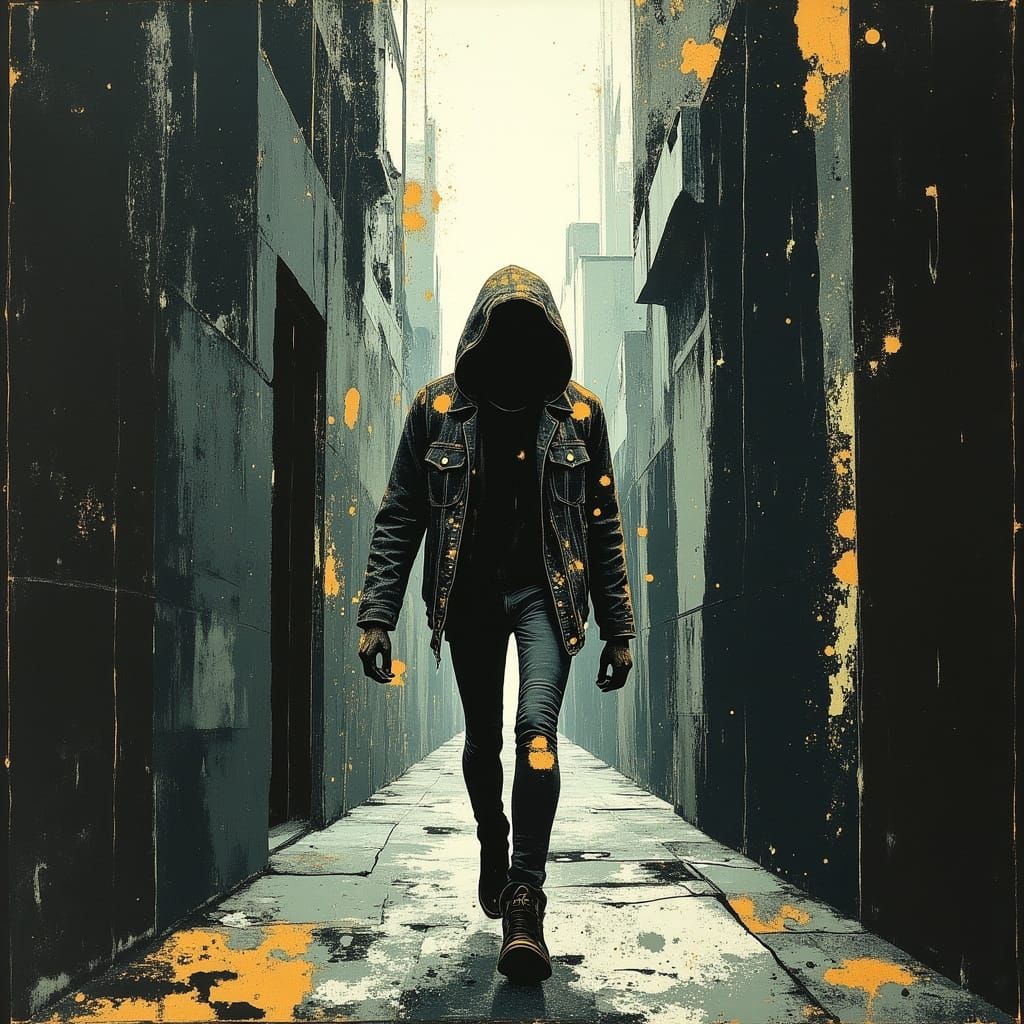 Dystopian Runner in Neon Noir Cityscape