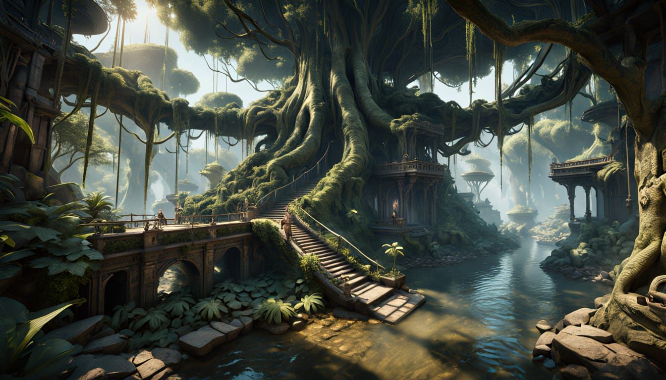 Epic Jungle Realm in Cyberpunk Video Game Style