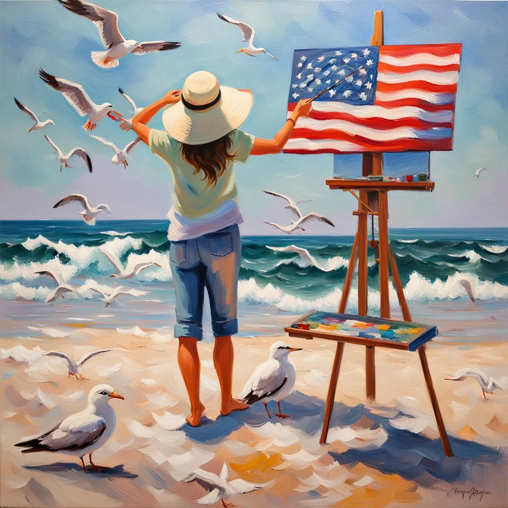 a woman is painting an American flag on a serene beach scene, waves, seagulls, woman is standing at an easel looking out...
