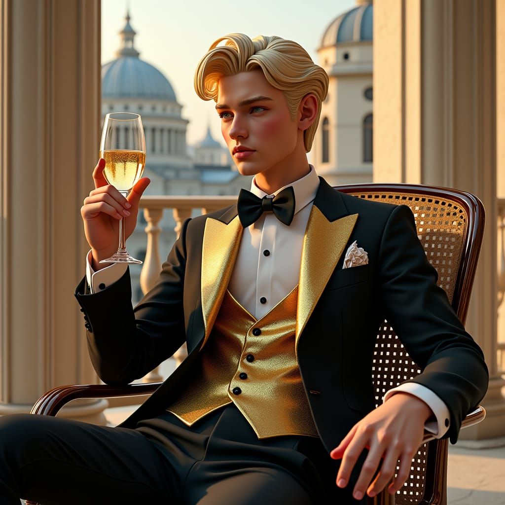 Elegant Dandy with Champagne in Art Deco City