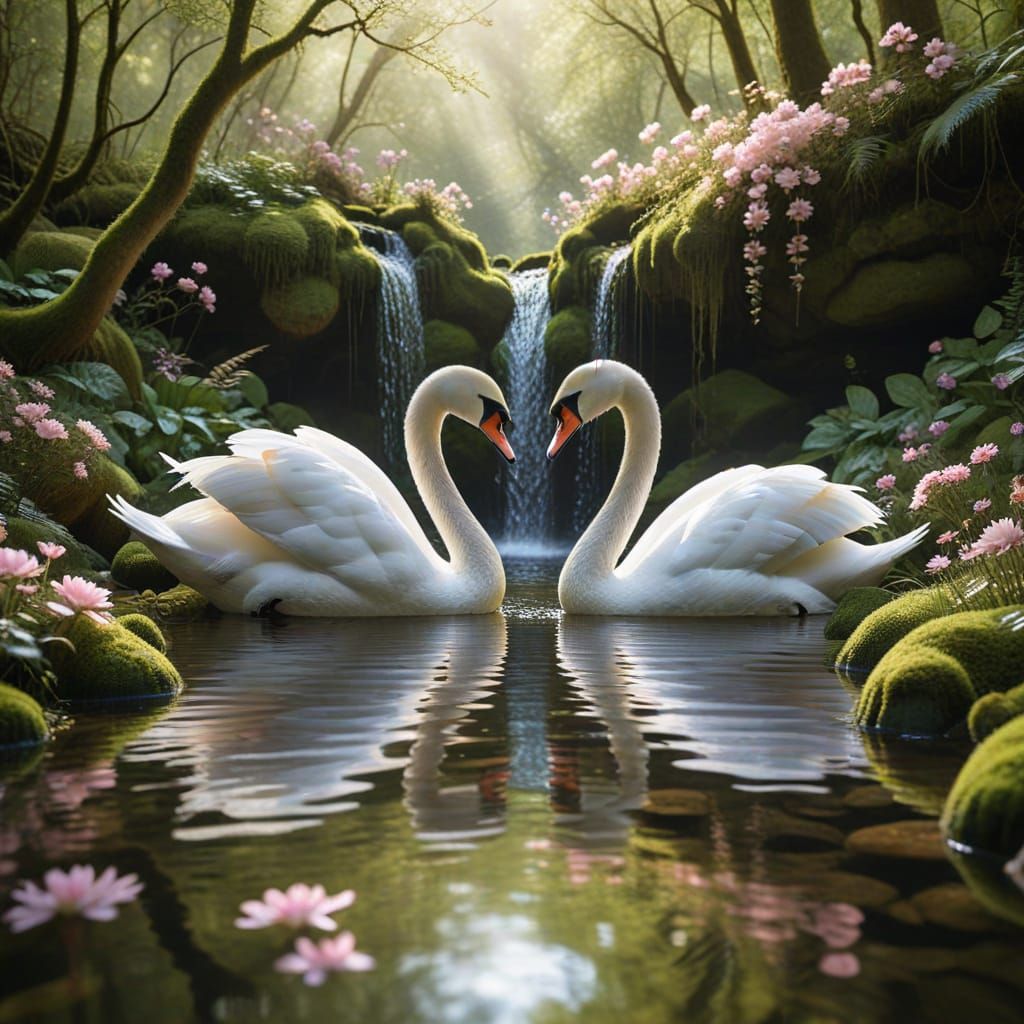 Elegant Swans Form Heart Shape by Waterfall