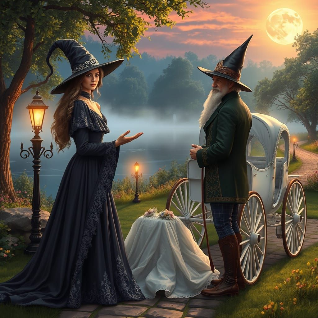 Stately Witch Exchanges Vows with Wizard under Moonlit Lake