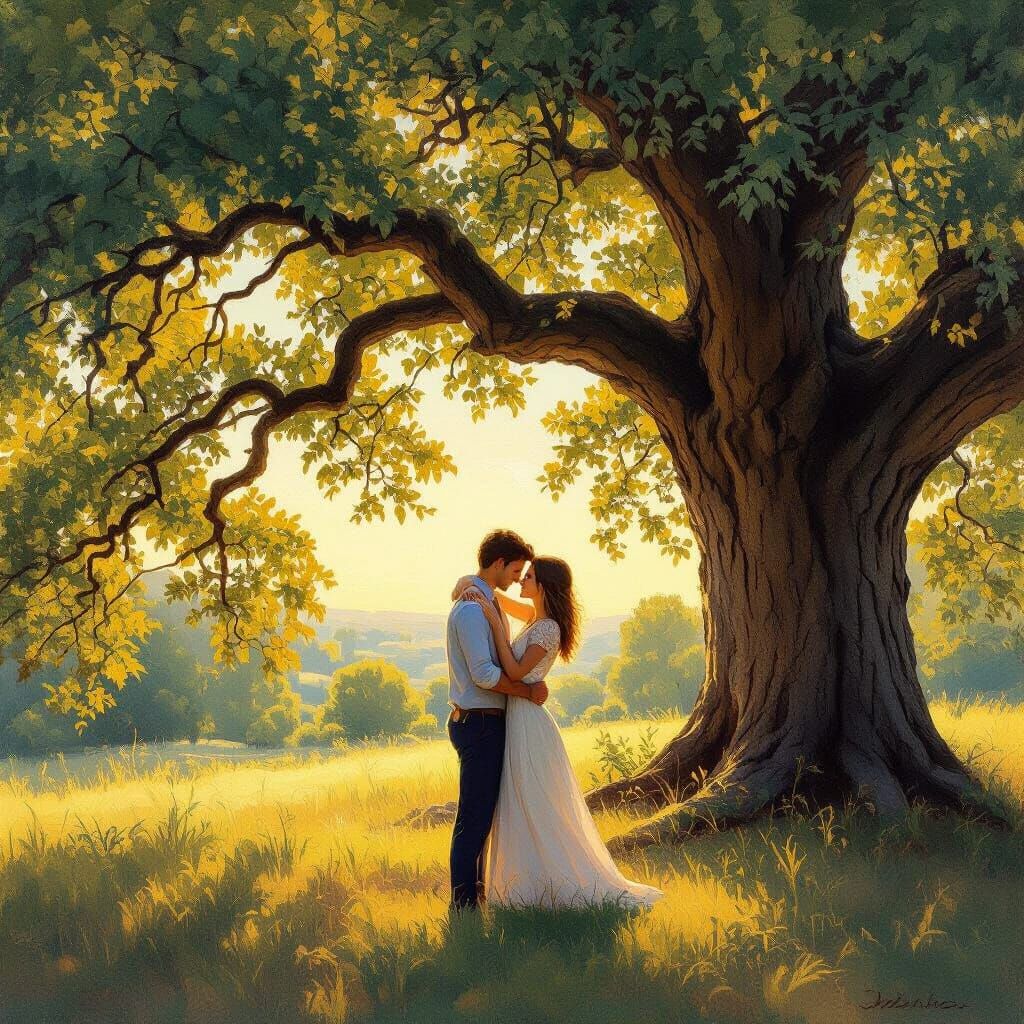 Couple Embracing Under Ancient Oak Tree at Golden Hour