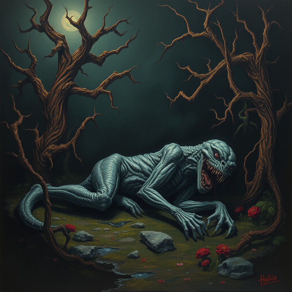 Terrifying Monster's Demise in Surreal Landscape