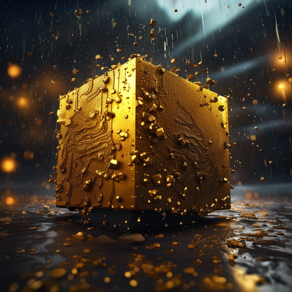 Golden Cube in Rainy Landscape: Fantasy Concept Art