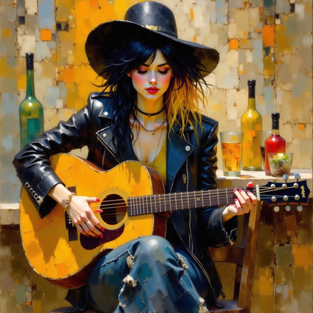 Woman Playing Guitar in Impressionist Style