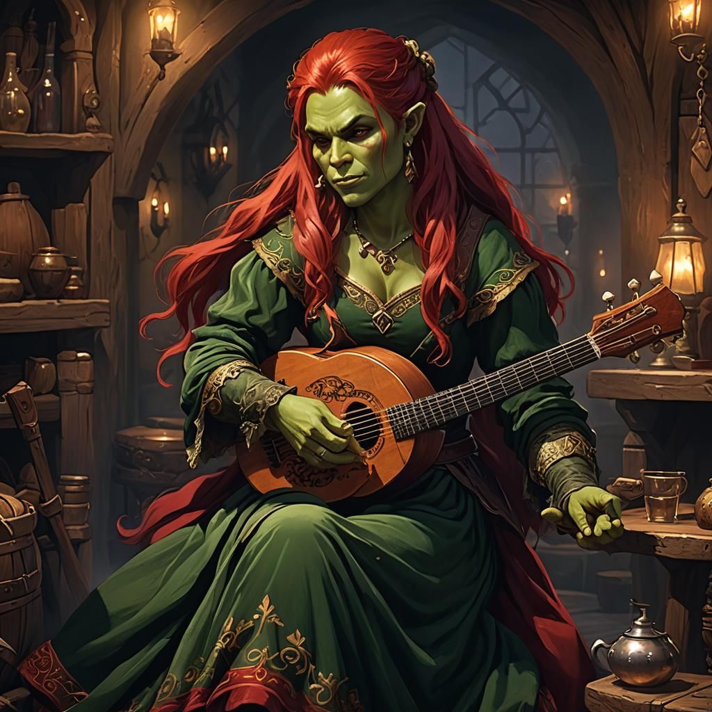 Half-Orc Bard Plays Lute in Tavern