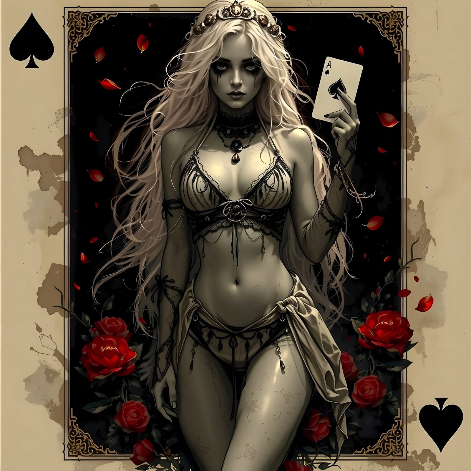 Ghostly Queen of Spades in Dark Parlour, Digital Painting