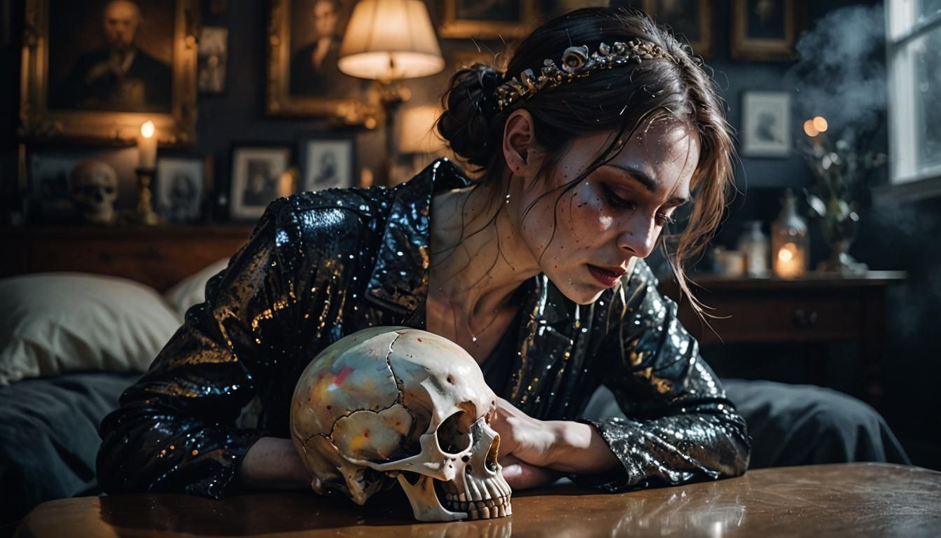 Melancholic Beauty: Woman with Skull in Watercolor Double Ex...