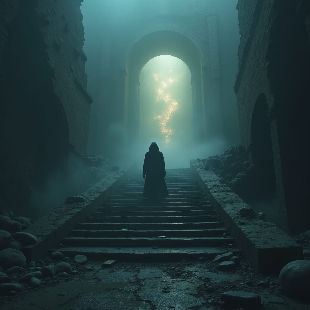 Eerie Hooded Figure in Mystical Death Realm