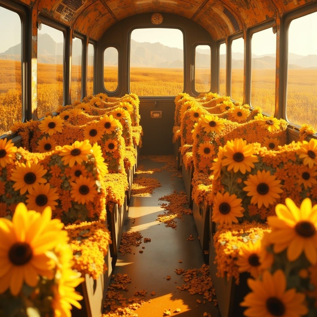 Sunflower Bus Interior in Hyper-Realistic Digital Art