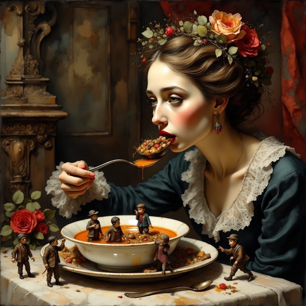 Elegant Woman Consume Miniature Males in Surreal Composition