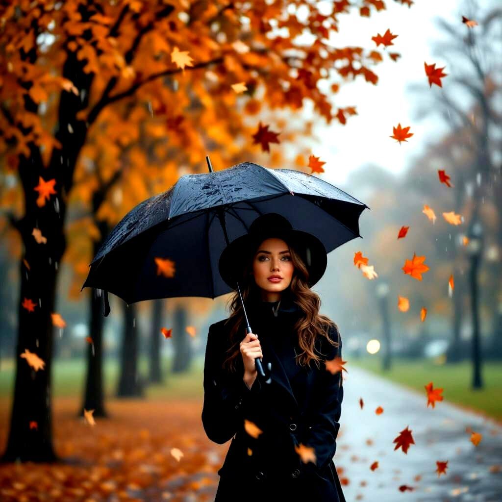 Woman with Umbrella in Autumn Rainstorm
