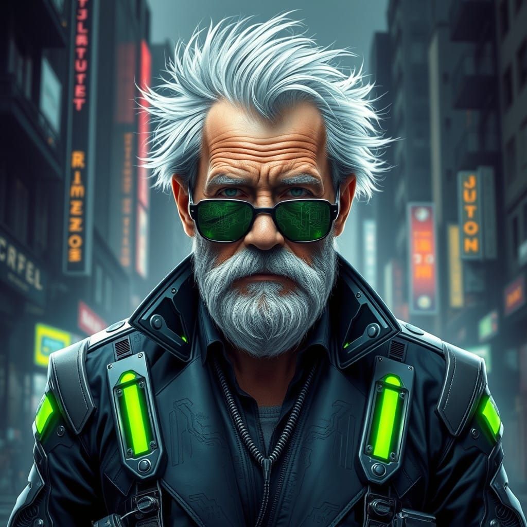 Cyberpunk Grandfather Struts in High-Tech Attire