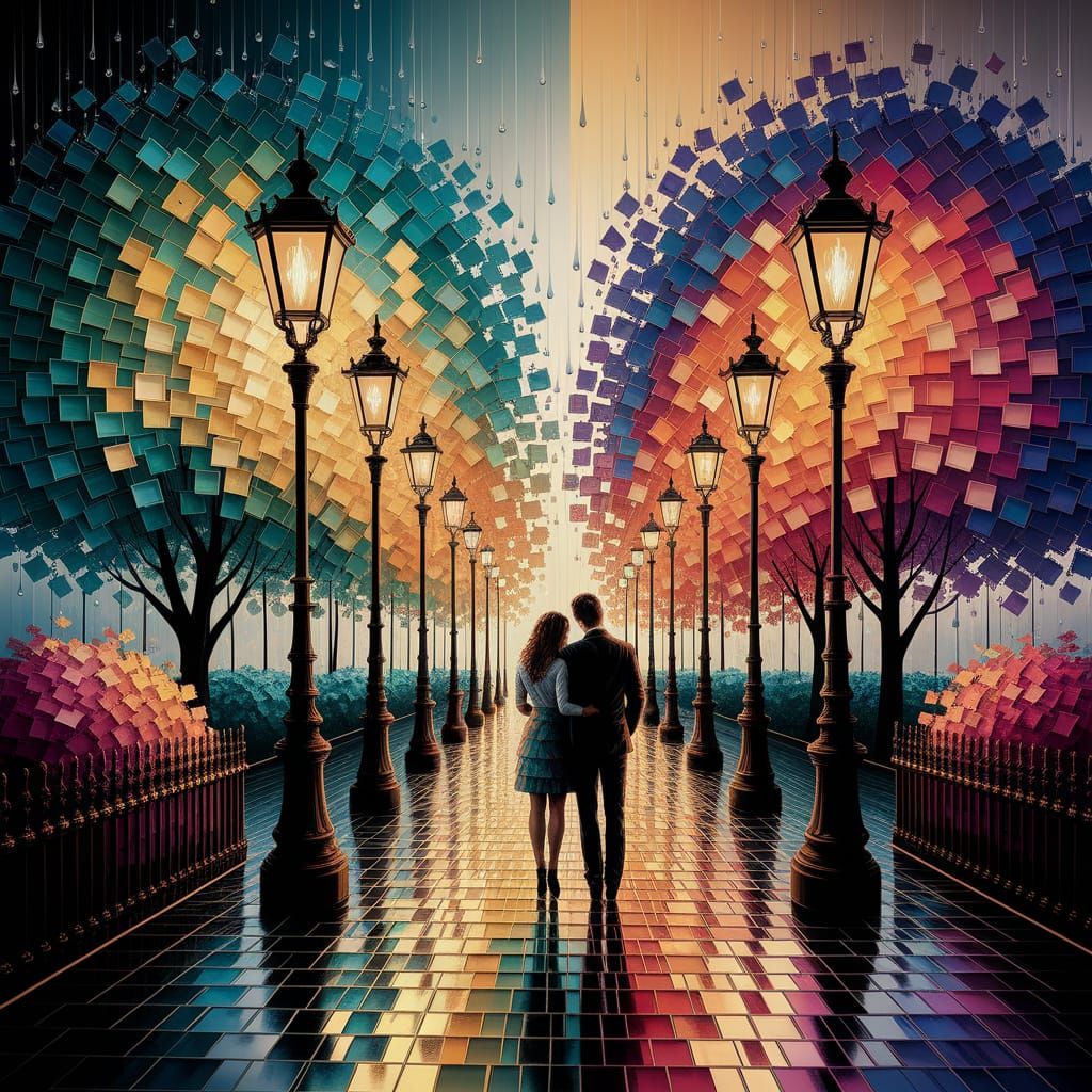 Couple in Rainy Park as Impasto Block Painting