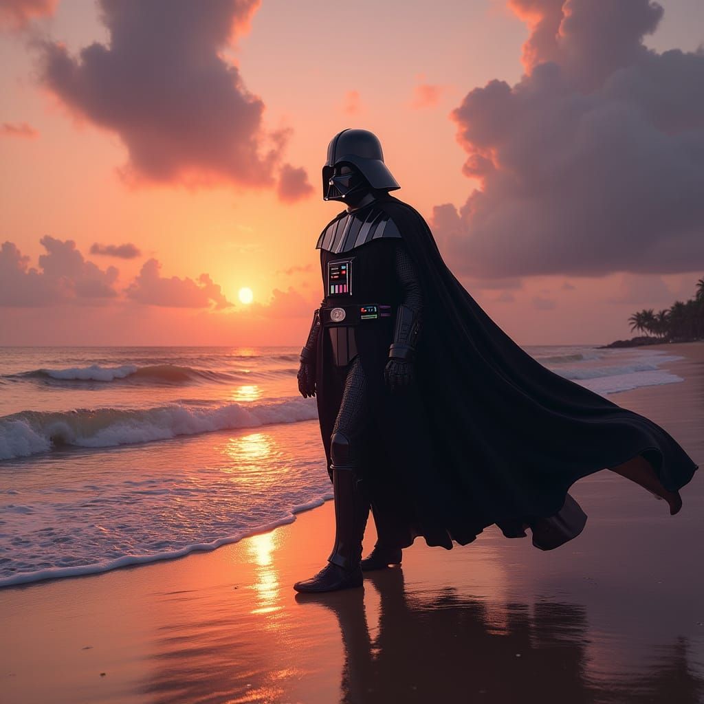 Darth Vader Walks a Tropical Beach at Sunset