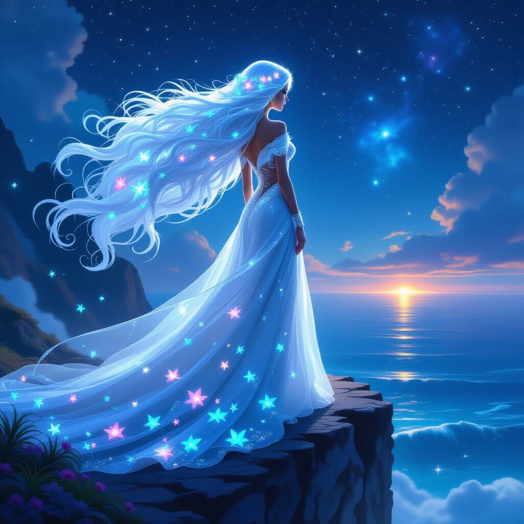 Epic Fantasy Woman With Bioluminescent Hair On Alien Cliff
