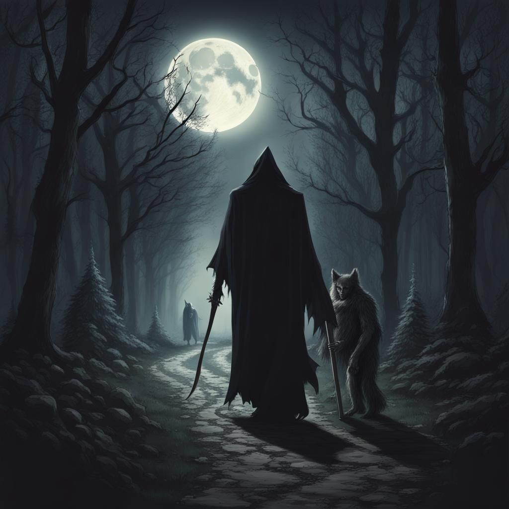 Grim Reaper and Werewolf Walk on Moonlit Path