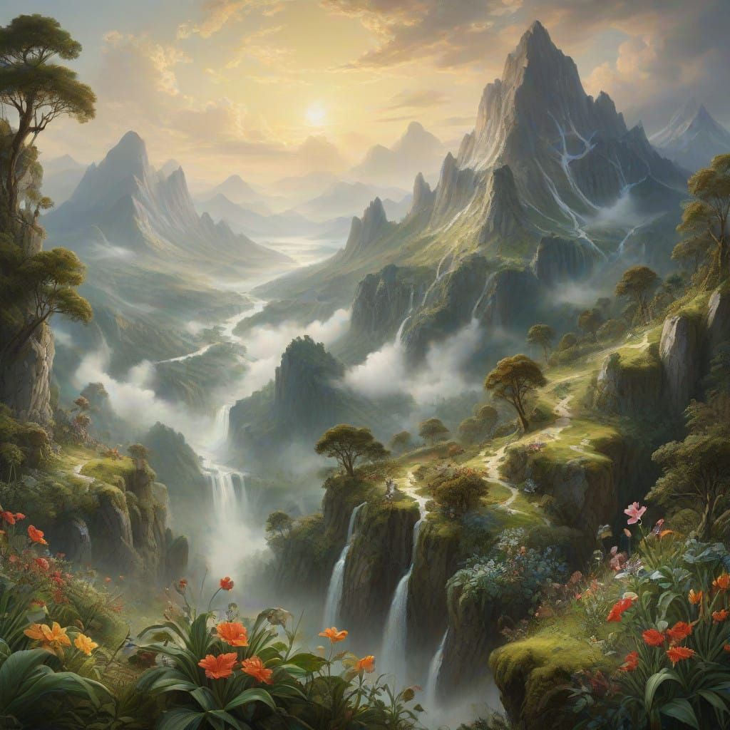 DaVinci-Inspired Landscape of Lush Greenery and Majestic Pea...