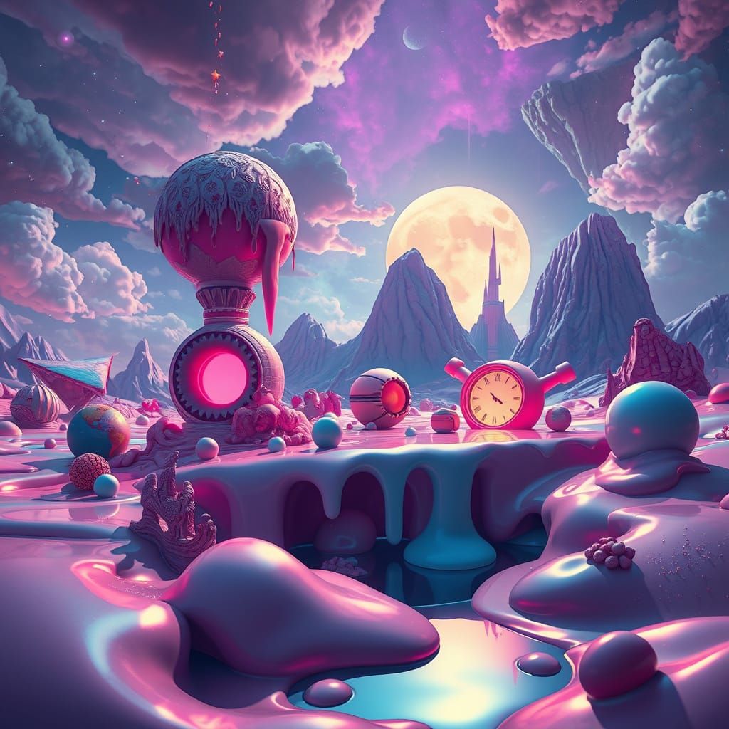 Surreal Melting Objects in Dreamlike Landscape