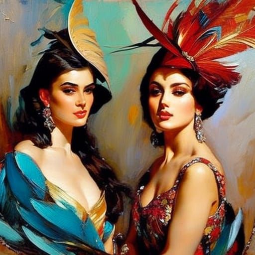Colorful Feathered Hats Portrait in Painterly Style
